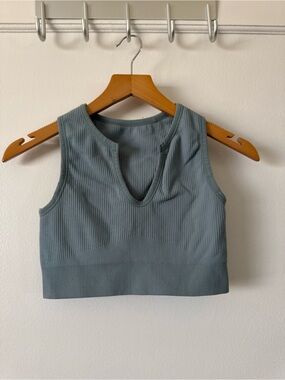 Ribbed V-Neck Sports Bra - Slate Blue